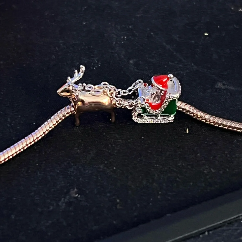 Double Christmas Charm Silver Santa Claus Charm Chained To A Reindeer Charm - Picture 5 of 7